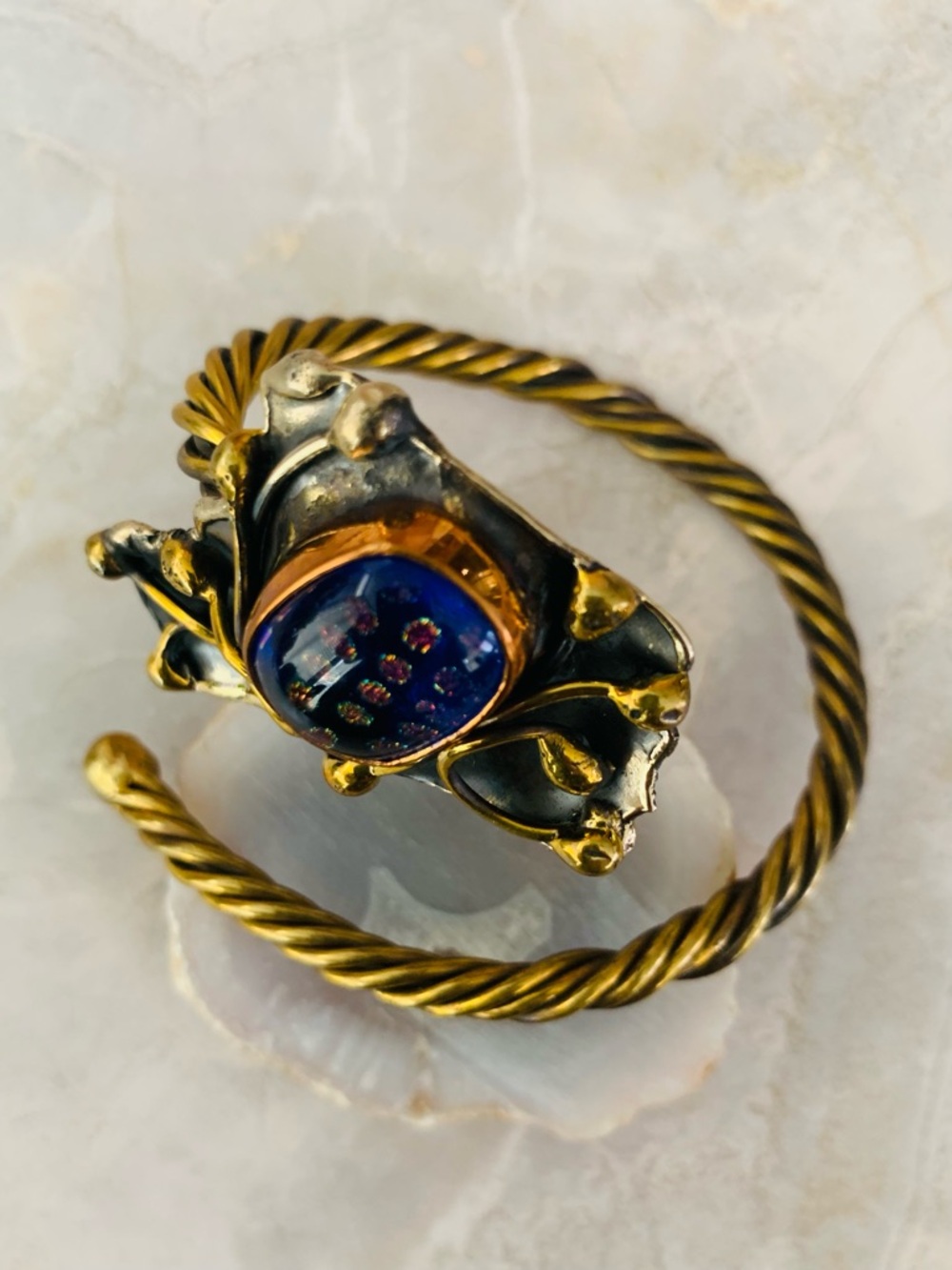 Brutalist Mixed Metal Dichroic Glass Statement Cuff Bracelet